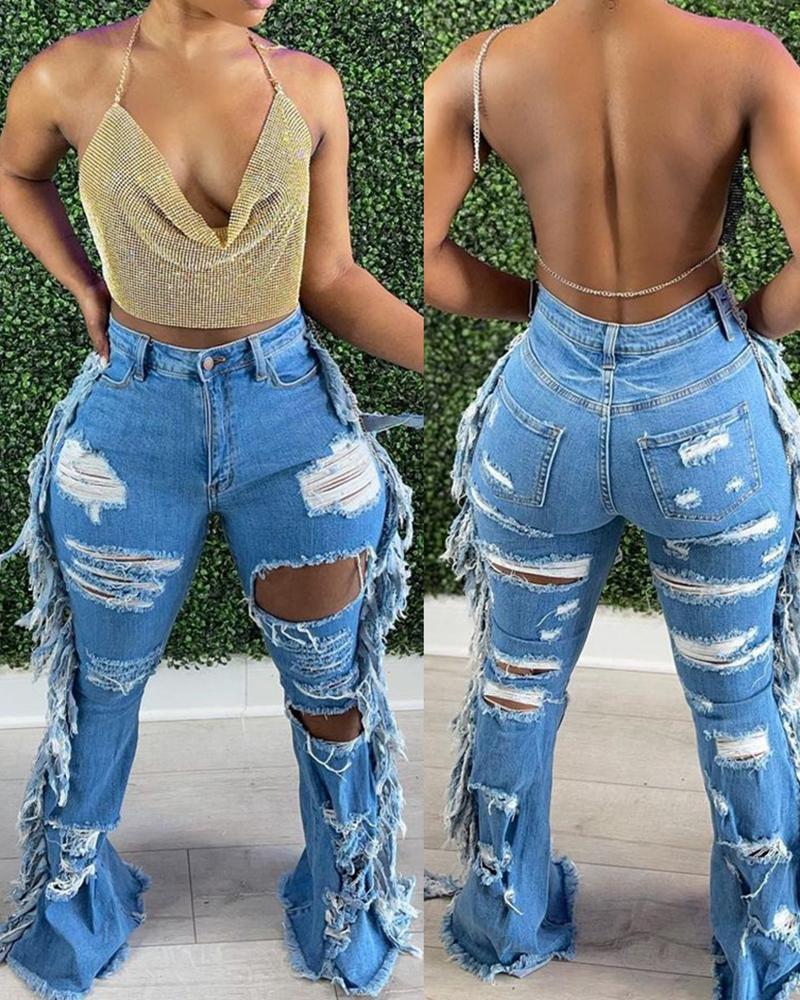 

Cutout Ripped Fringe Skinny Jeans, Blue