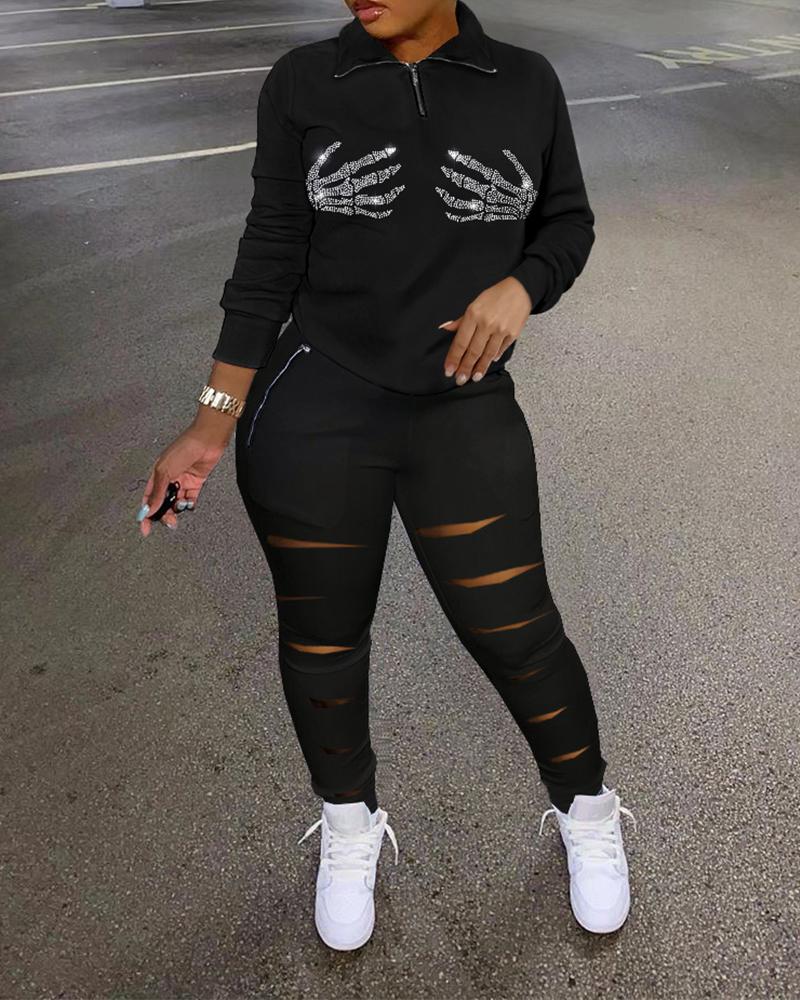 

Halloween Rhinestone Skeleton Pattern Top & Cutout Pants Set, Black