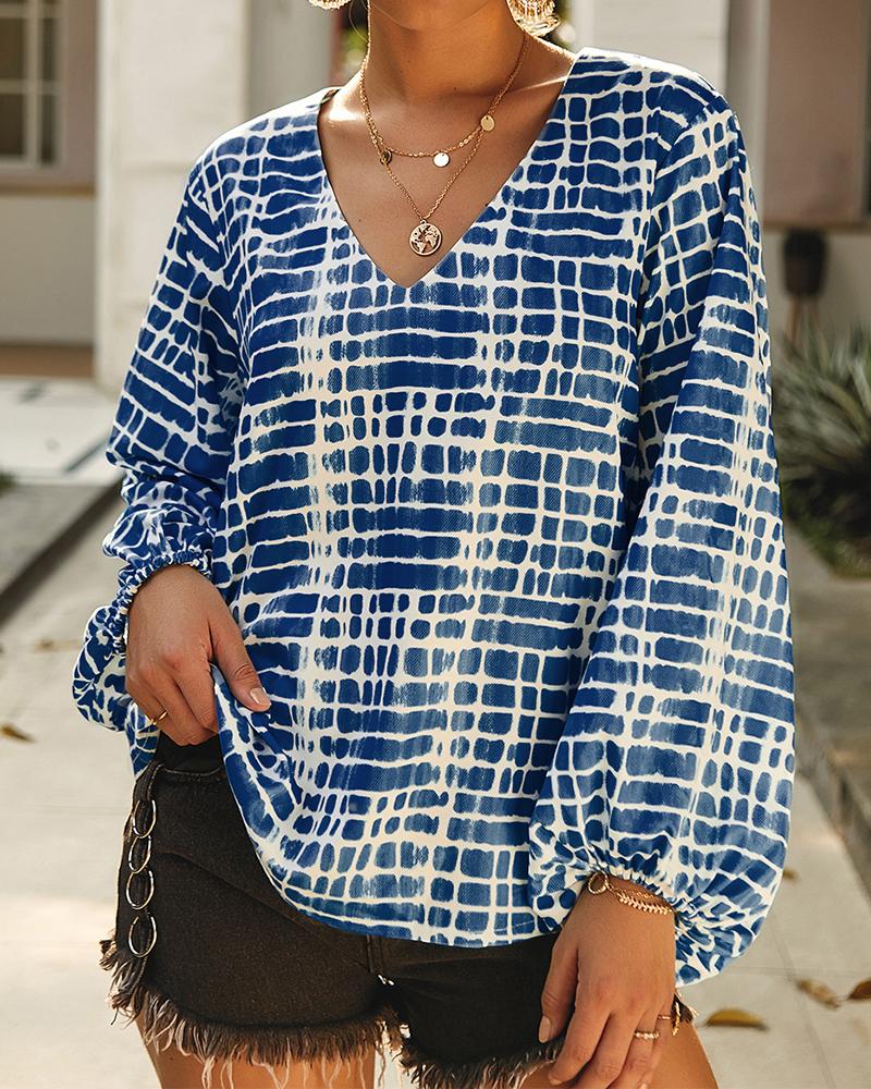 

V-Neck Print Fashion Lantern Sleeve Blouse, Dark blue