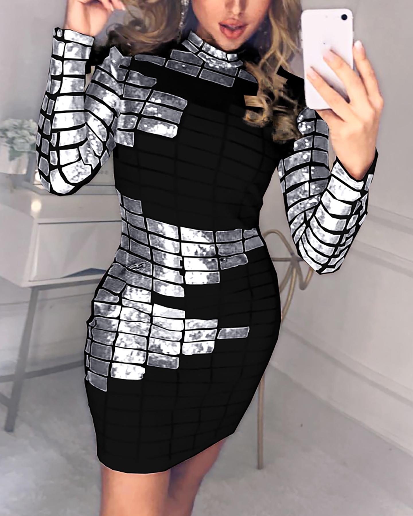 

Abstract Sequins Mock Neck Long Sleeve Bodycon Dress, Black