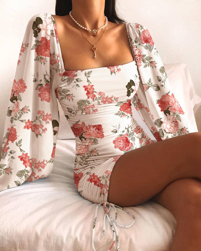 

Floral Print Lantern Sleeve Drawstring Ruched Bodycon Dress, White