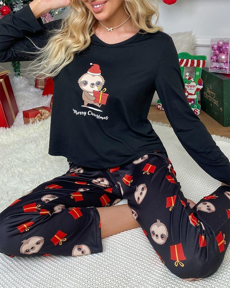 

Merry Christmas Cartoon Animal Graphic Print Pajamas Set, Black