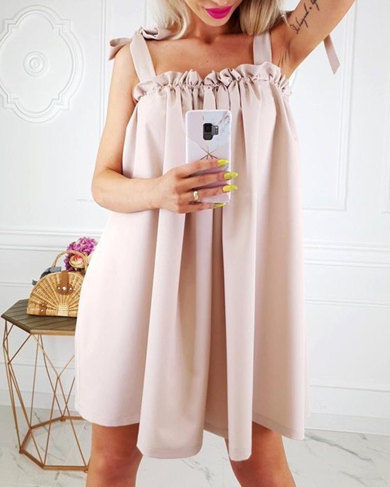 

Tied Detail Frill Hem Square Neck Casual Tank Dress, Apricot