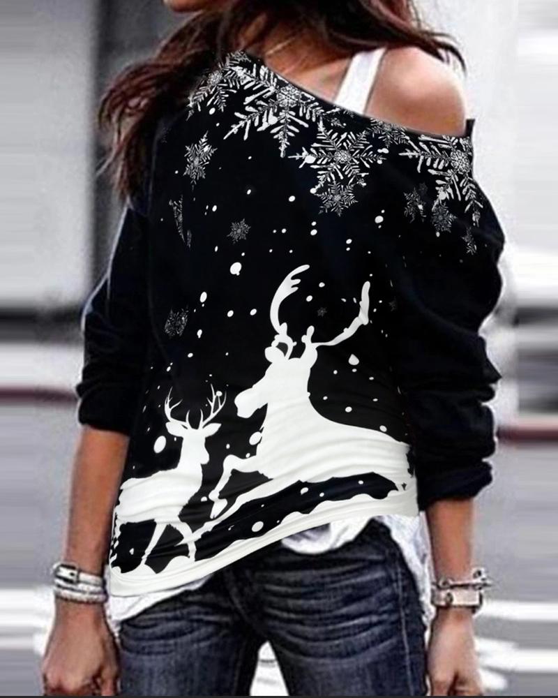 

Christmas Reindeer Print Long Sleeve Sweatshirt, Black