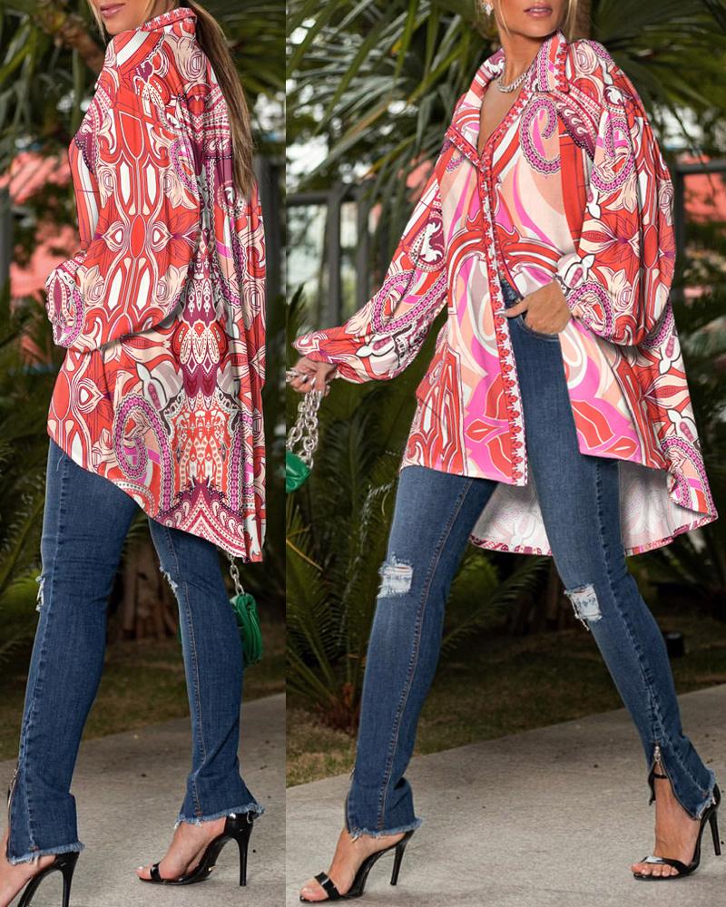 

Tribal Print Lantern Sleeve Dip Hem Button Down Shirt, Red