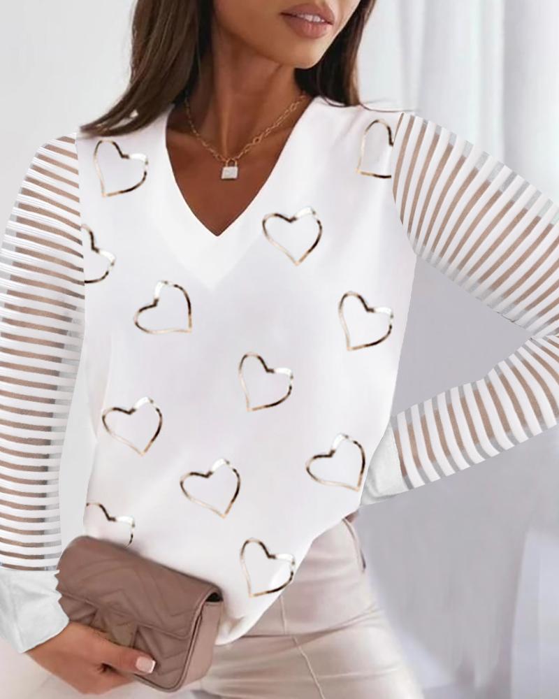

Heart Print Sheer Mesh Long Sleeve Top, White