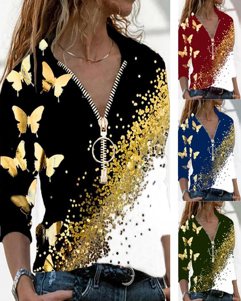 

Butterfly Print Colorblock Zip Front Top, Black