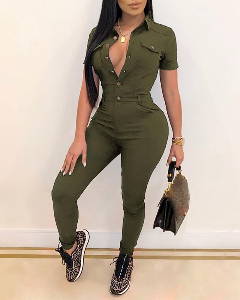 

Buttoned Short Sleeve Skinny Jumpsuit, Green