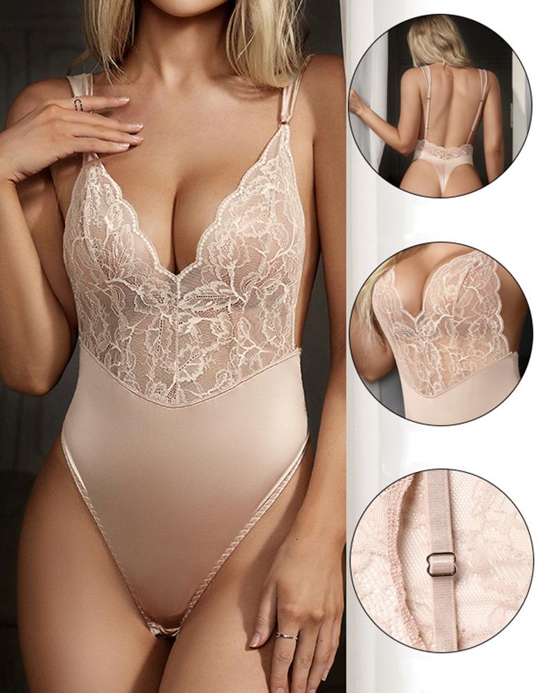 

Crochet Lace Deep V-Neck Seamless Teddy, Nude