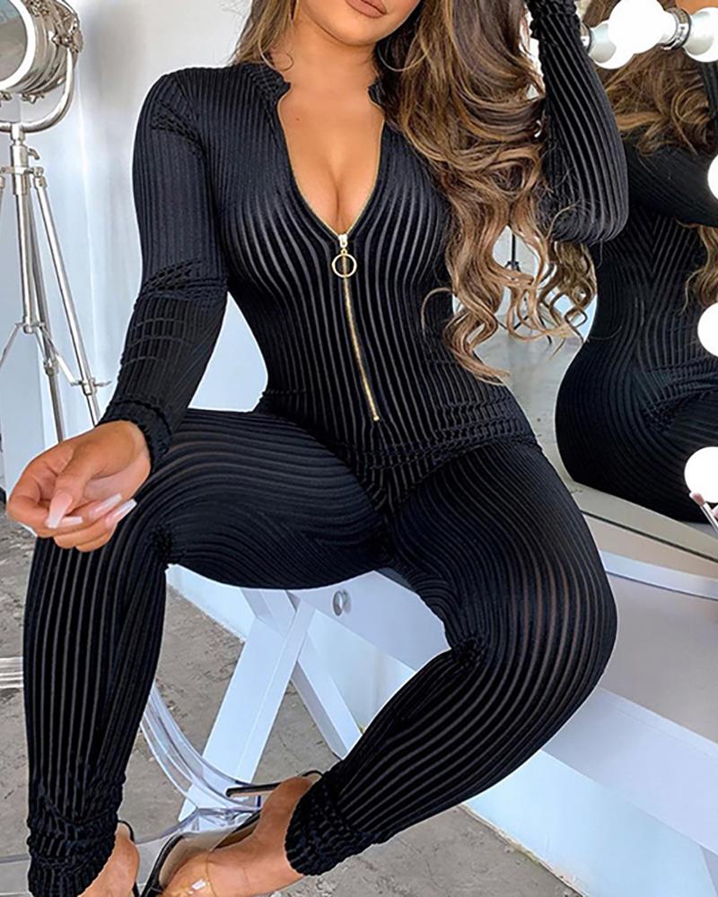 

Striped Print Zipper Design Long Sleeve Skinny Jumpsuit, Black