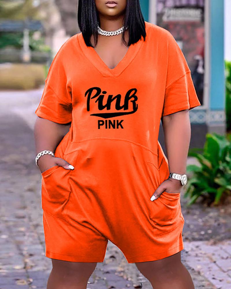 

Pocket Design Letter Print Short Sleeve Romper, Orange