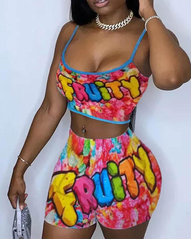 

Cartoon Letter Print Spaghetti Strap Top & Shorts Set, Red