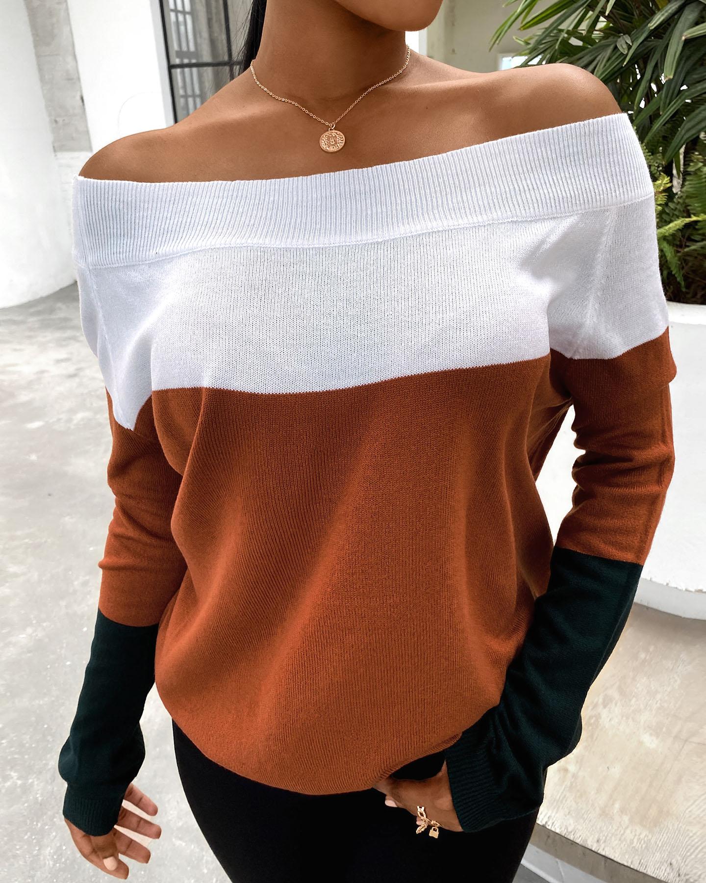

Off Shoulder Colorblock Long Sleeve Sweater, Coffee