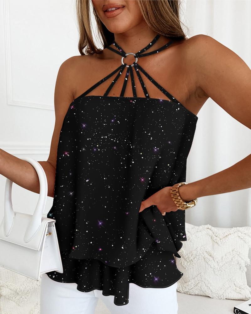 

Glitter O-Ring Halter Layered Flowy Tank Top, Black