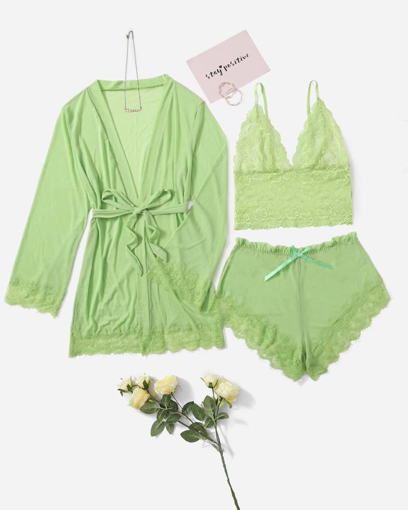 

3PCS Bowknot Decor Lace Cami Set With Belted Robe, Light green