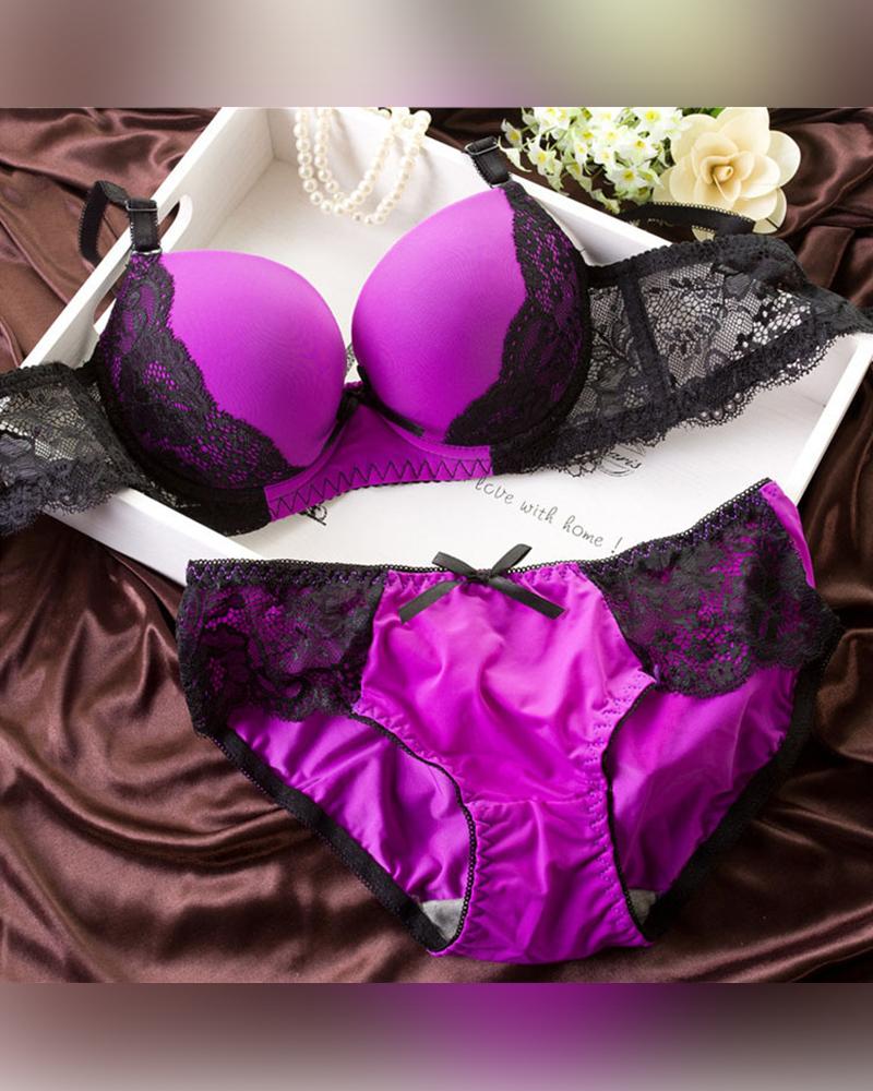 

Lace Patcwhork Strap Bra With Panties Sexy Sets, Purple