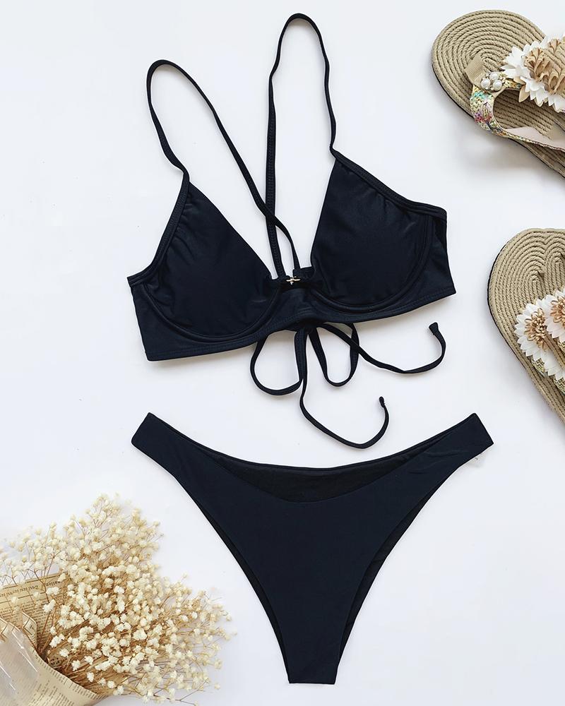 

Spaghetti Strap Cutout Front Lace-up Bikini Set, Black