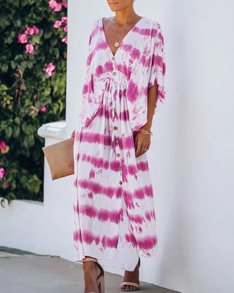

Lace-up Tie Dye Half Sleeve Maxi Dress, Hot pink
