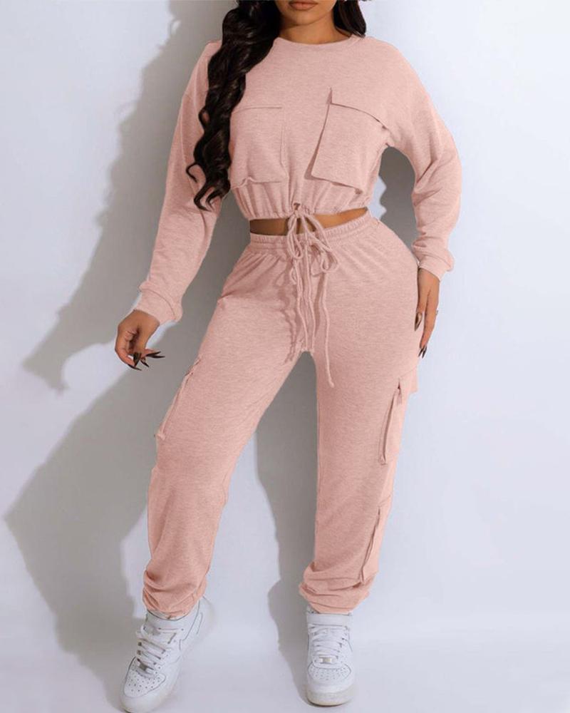 

Pocket Design Drawstring Top & Cuffed Pants Set, Pink