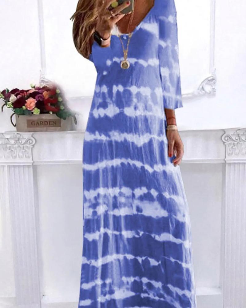 

Tie Dye Print V-Neck Casual Dress, Blue