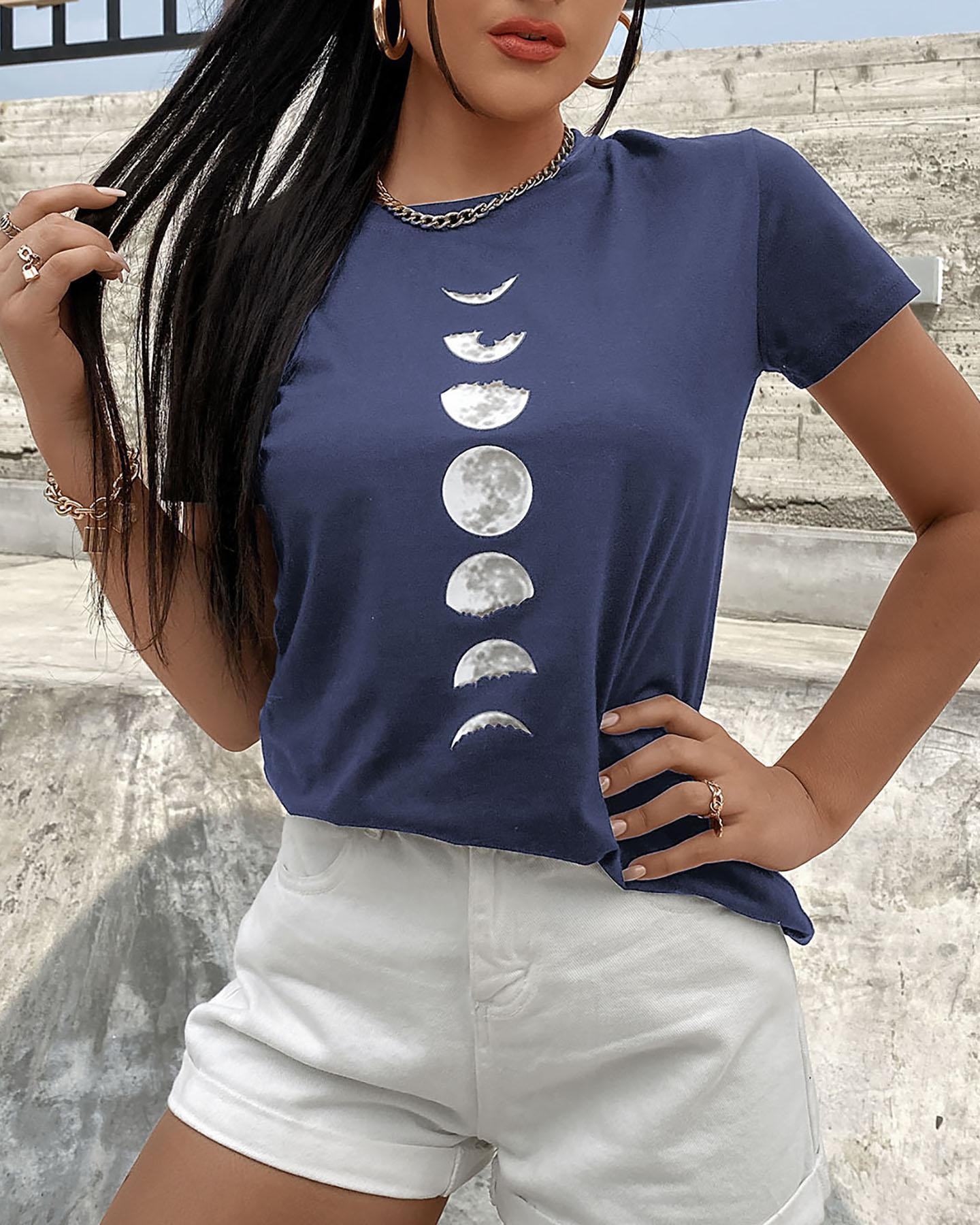 

Moon Print Short Sleeve Casual T-shirt, Dark blue