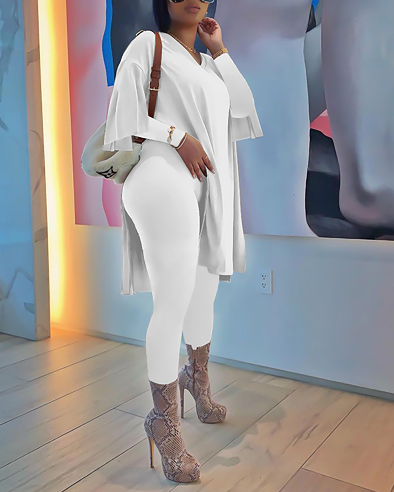 

Plain Slit Top & Pants Set, White