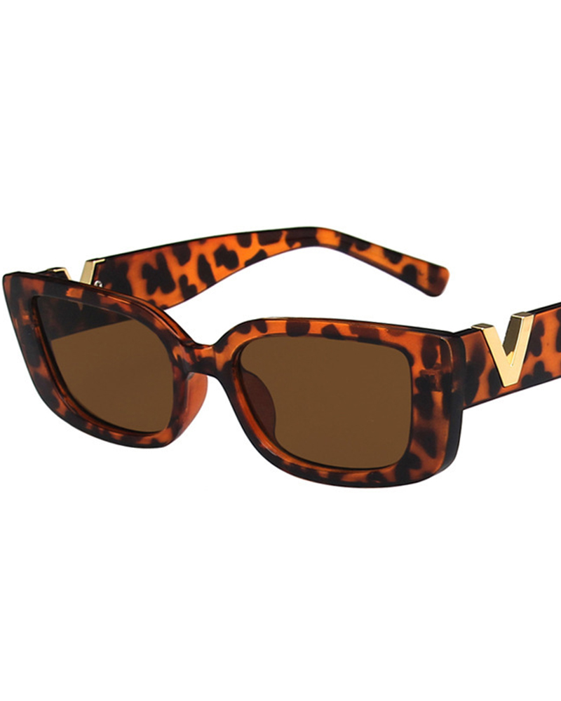 

1Pair Vintage V Detail Rectangle Frame Show Fashion Sunglasses, Leopard