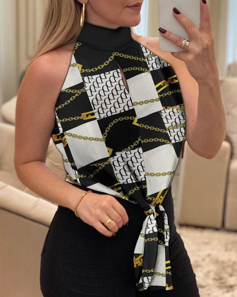 

Geometric Chain Print Tied Detail High Neck Top, Black