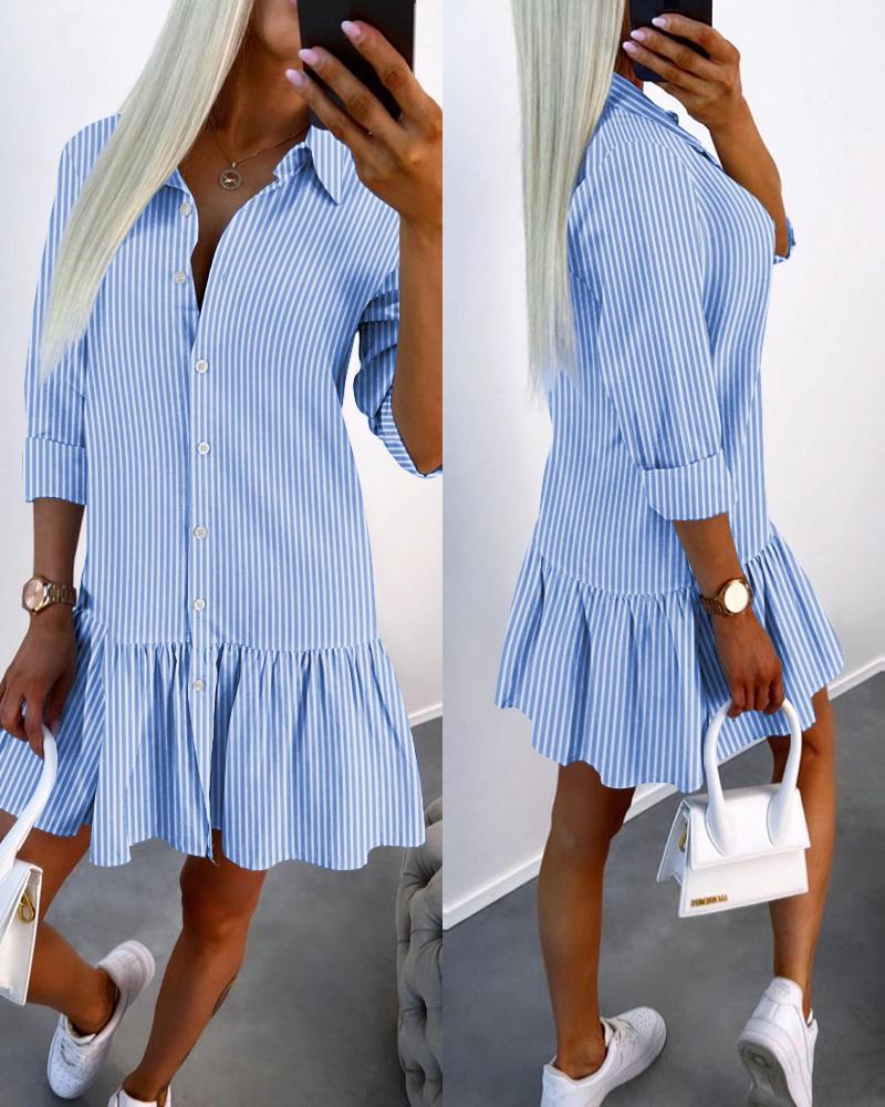 

Striped Ruffle Hem Buttoned Shirt Dress, Blue