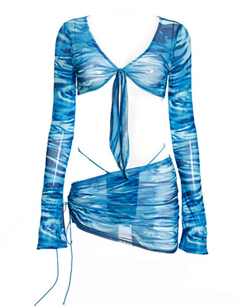 

Floral Print Knotted Front Top & Ruched Drawstring Skirt Set, Blue