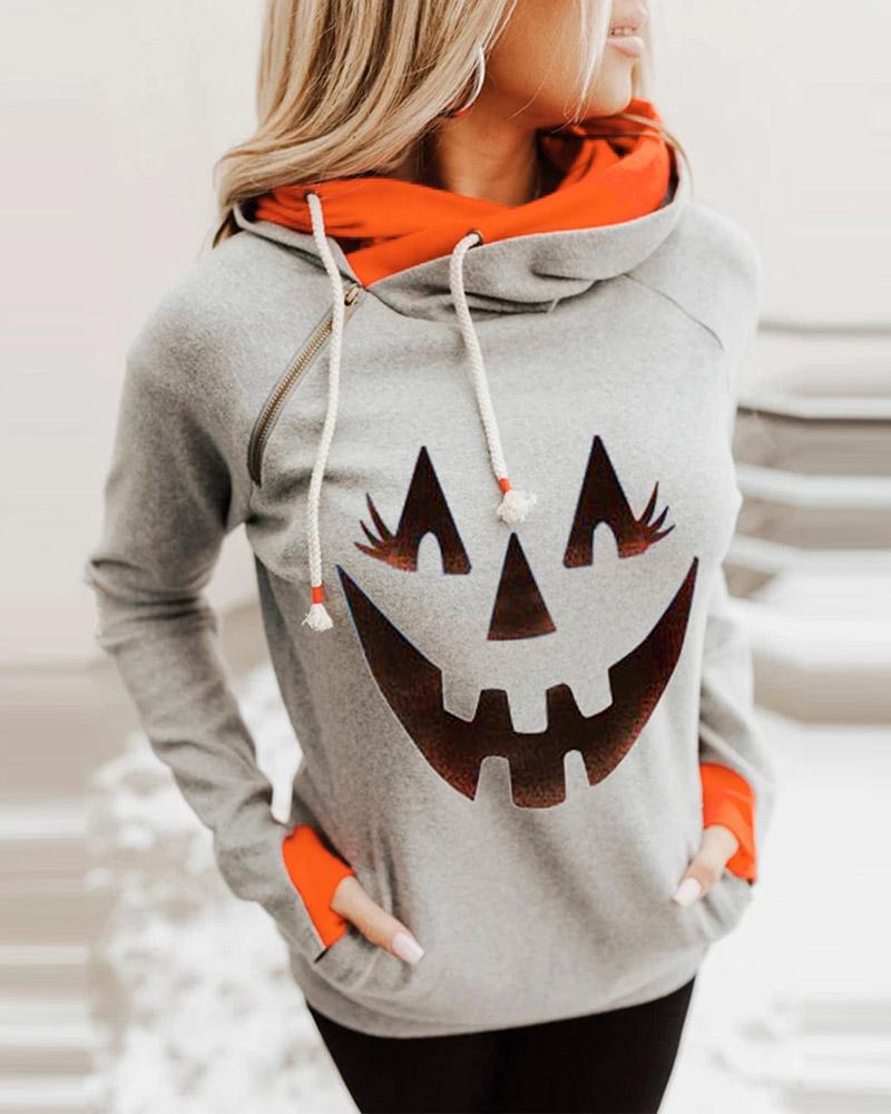 

Halloween Pumpkin Print Colorblock Hooded Top, Gray