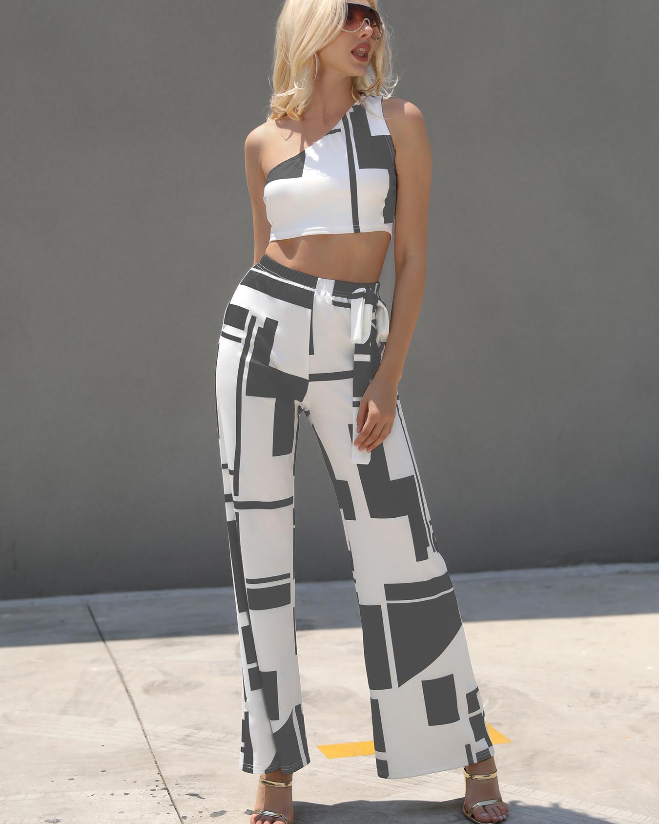 

Colorblock One Shoulder Cropped Wide Pants Set, Gray