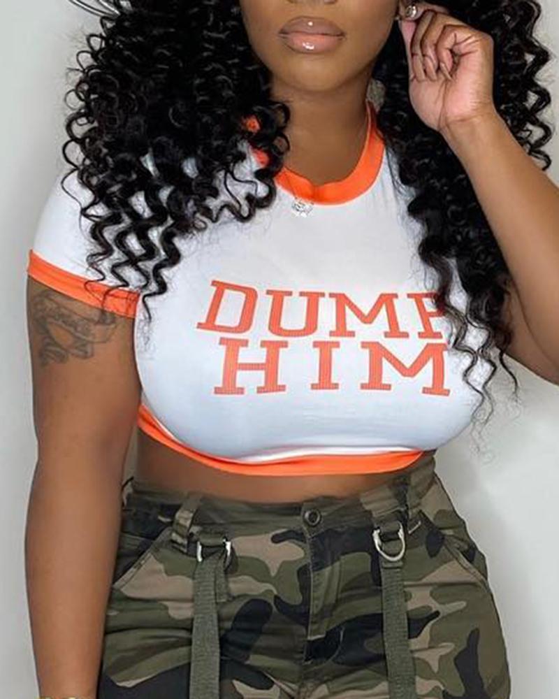 

Dump Him Letter Print Contrast Binding Crop T-shirt, White