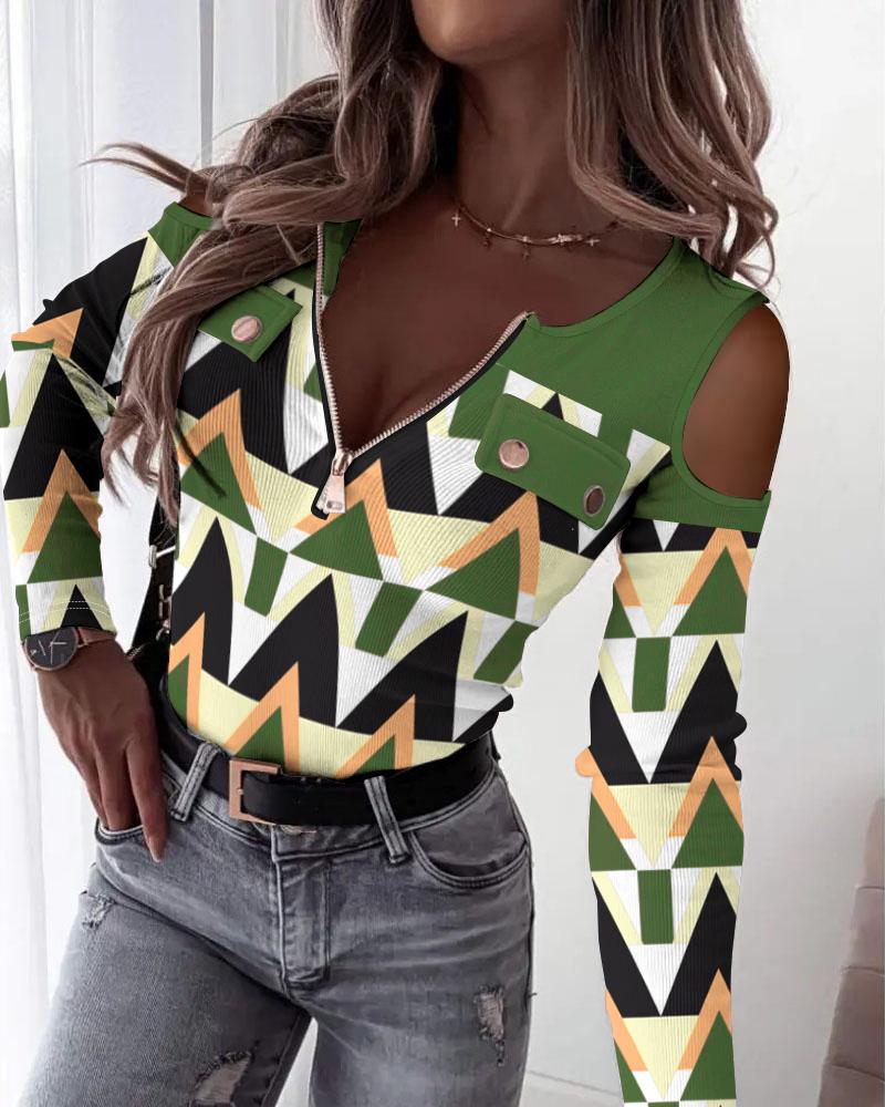 

Geometric Print Cold Shoulder Zipper Design Top, Green