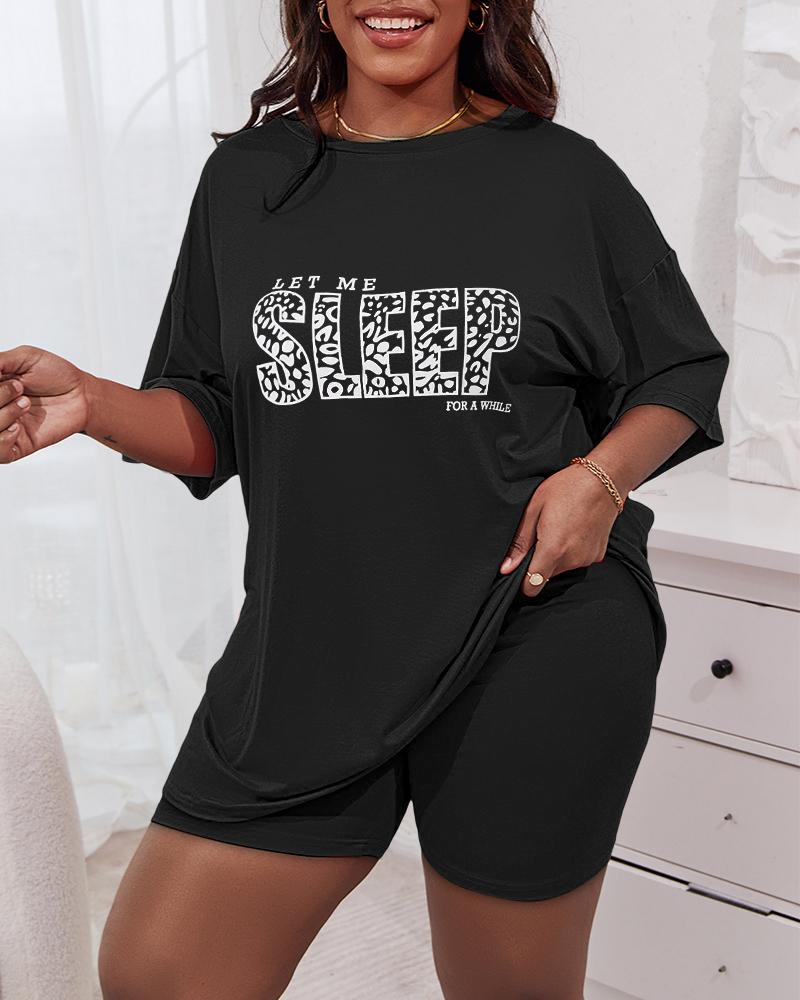 

Plus Size Let Me Sleep For A While Leopard Print Pajamas Set, Black