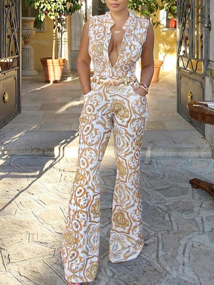 

Sexy Printed Sleeveless Wide Leg Jumpsuit, White