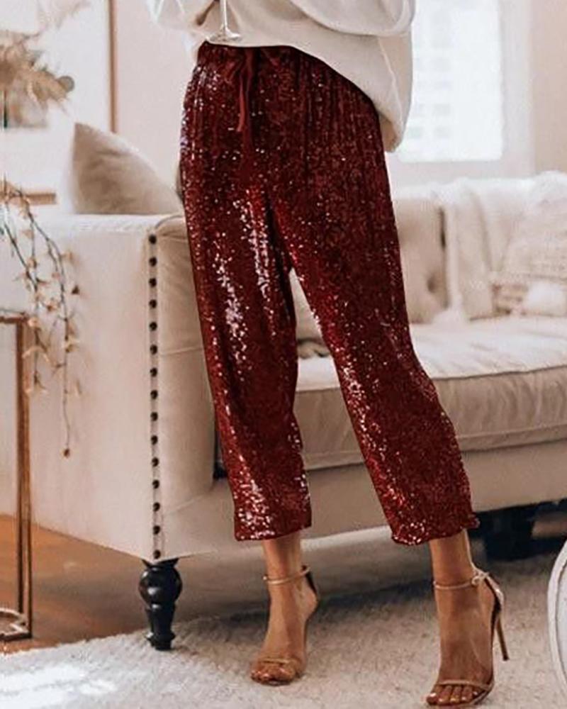 

Allover Sequins Drawstring Cuffed Pants, Red