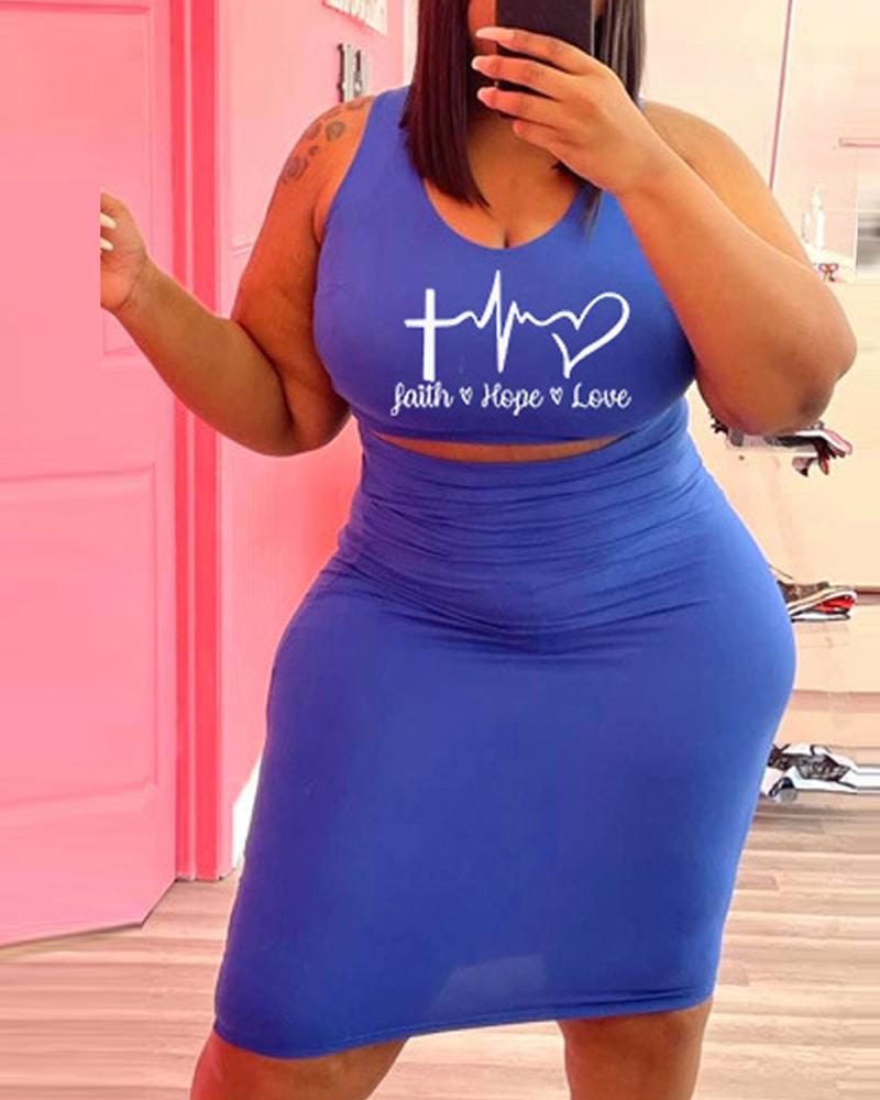 

Plus Size Letter Heart Print Crop Tank Top & Skirt Set, Blue