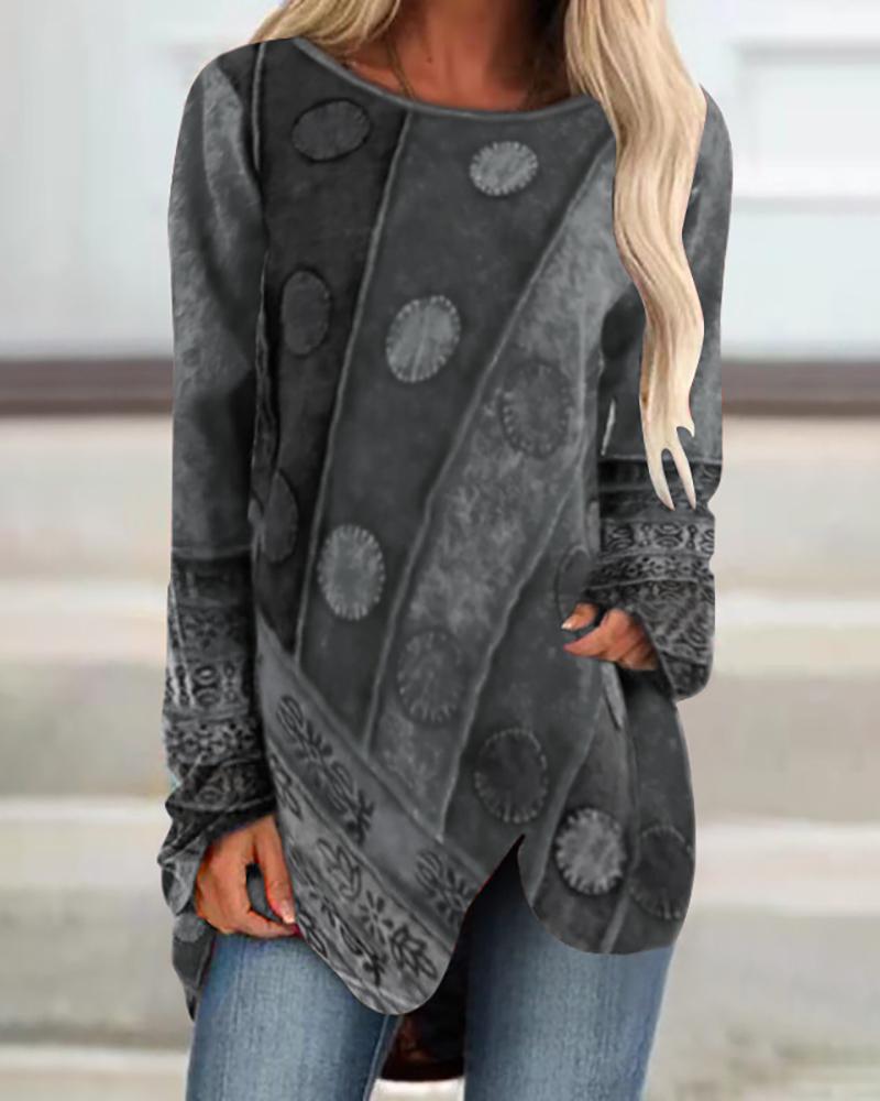 

Graphic Print Irregular Long Sleeve Casual Top, Gray