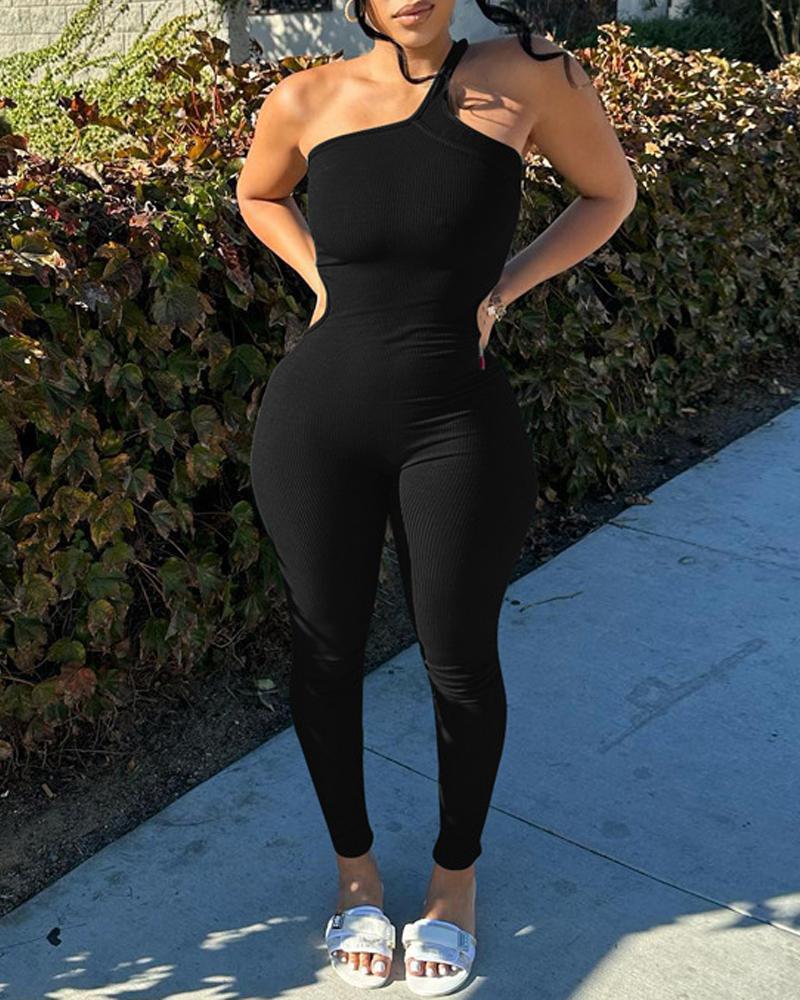 

Plain One Shoulder Skinny Jumpsuit, Black