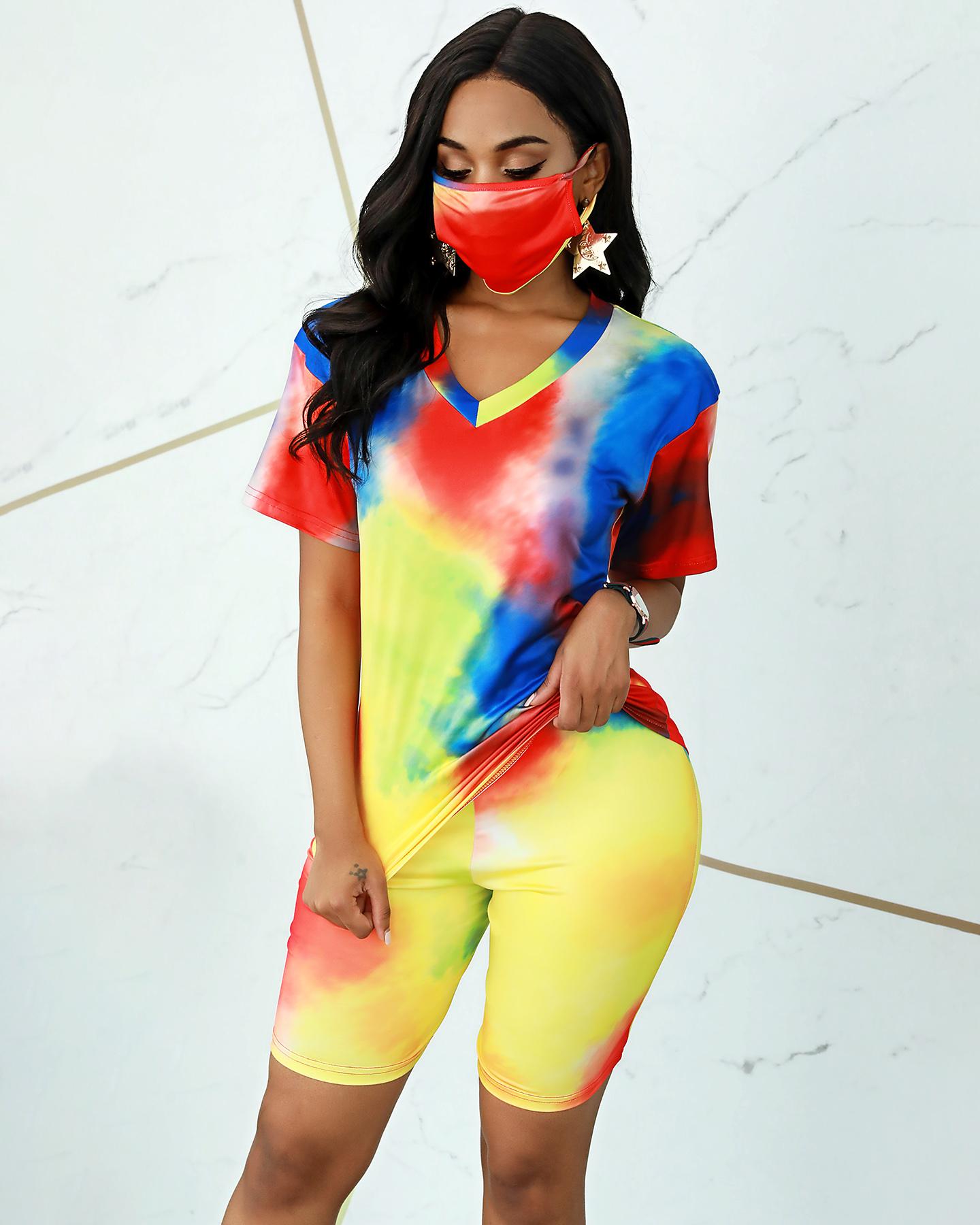 

Tie Dye Print Short Sleeve Top & Shorts Set With Bandana, Red