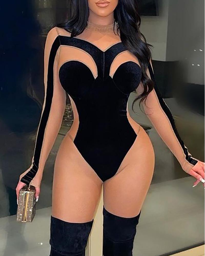 

Sheer Mesh Patch O Neck Bodysuit, Black