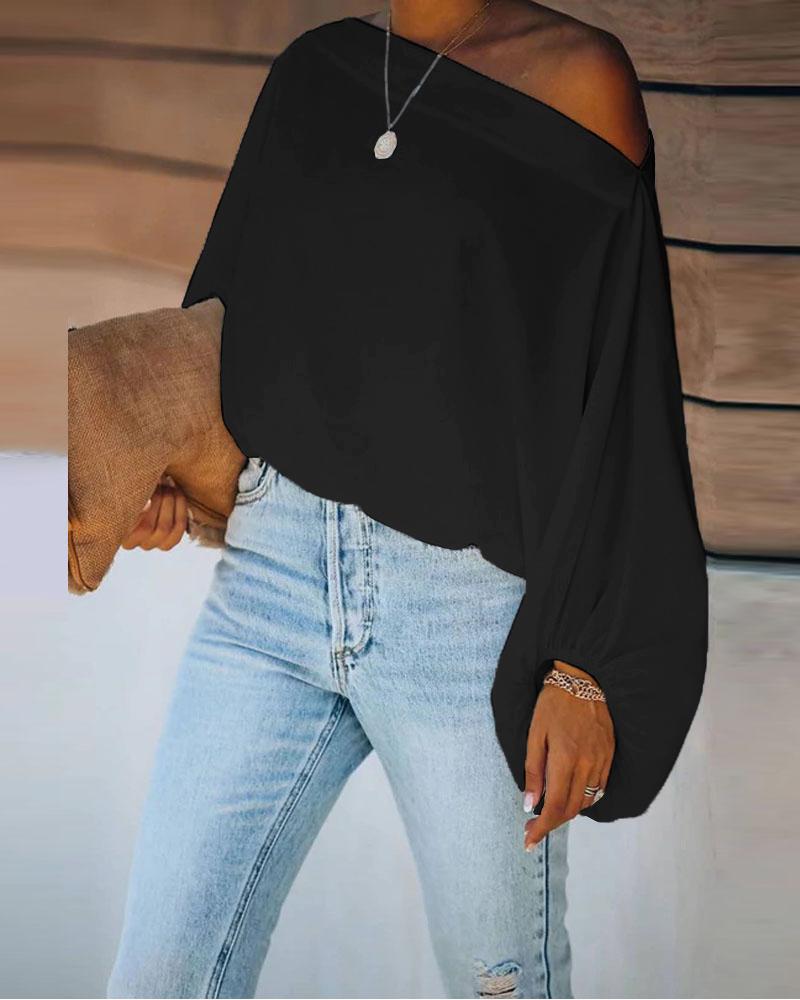 

Lantern Sleeve Skew Neck Top, Black
