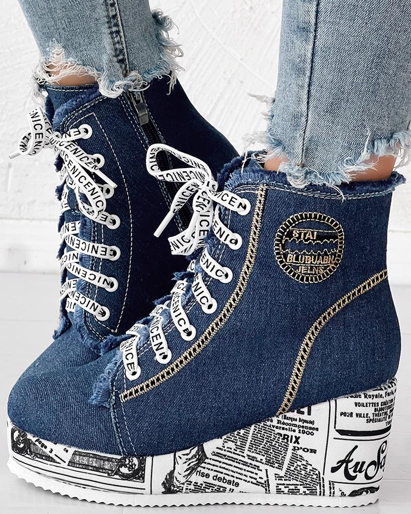 

Newpaper Lace-up Raw Hem Wedge Denim Ankle Boots, Light blue