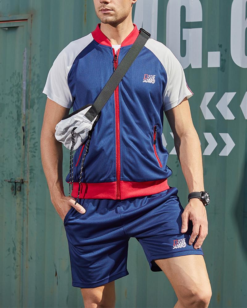 

Color Block Splicing Letter Print Short Sleeve Coat With Short Pants Active Sets, Blue
