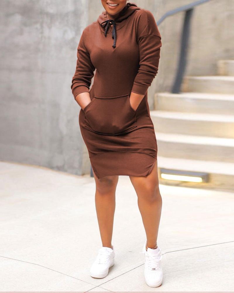 

Plus Size Long Sleeve Split Hem Sweatshirt Dress, Coffee