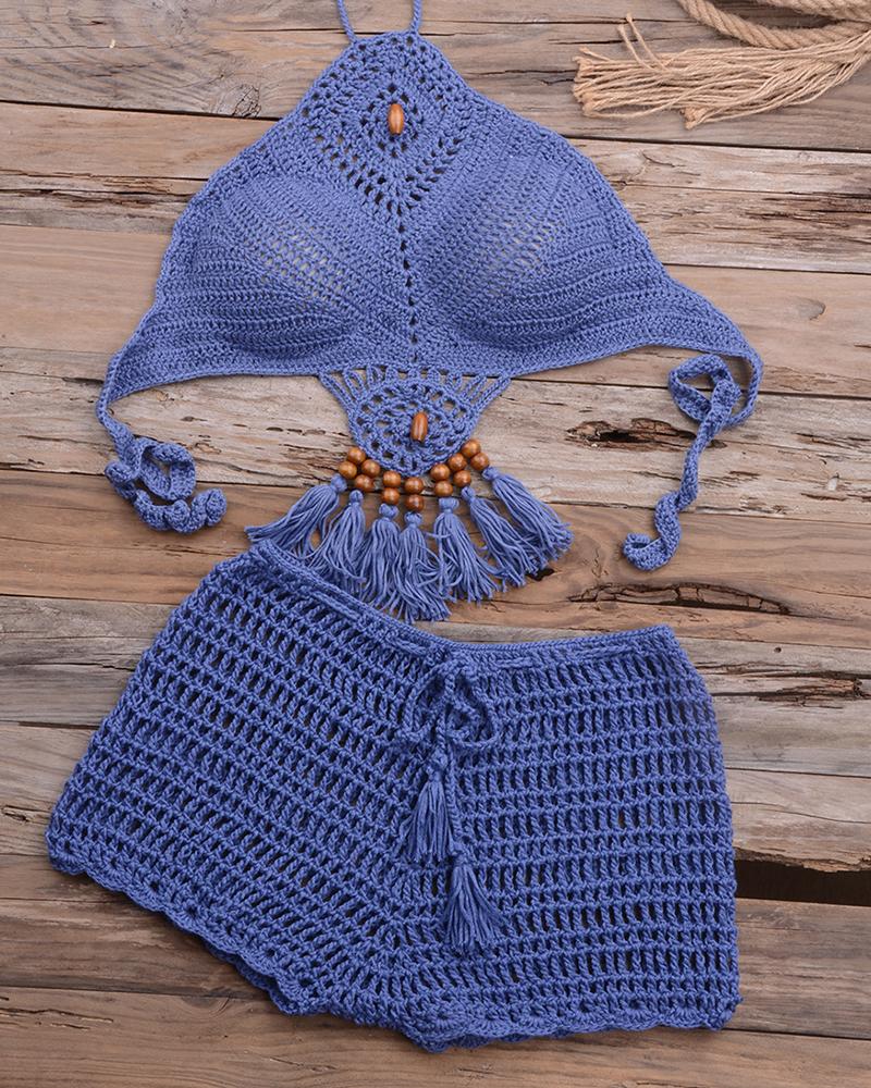 

Solid Cut-out Halter Tanks With Shorts Sexy Sets, Blue