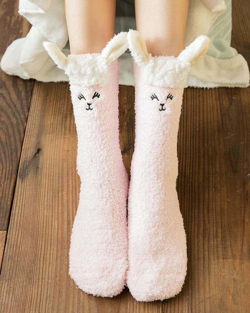 

1Pair Winter Fluffy Slipper Socks 3D Cartoon Animal Ears Fuzzy Hosiery, Pink