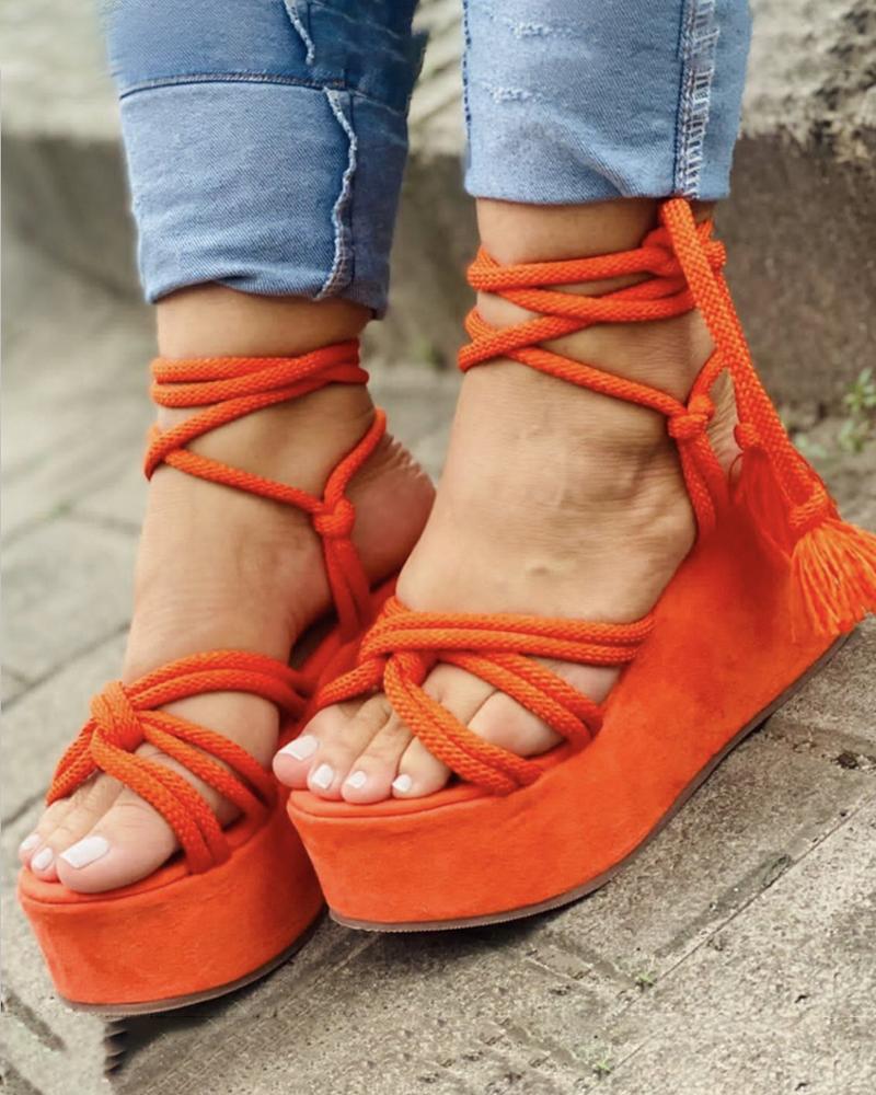 

Knotted Crisscross Slingback Wedge Sandals, Orange