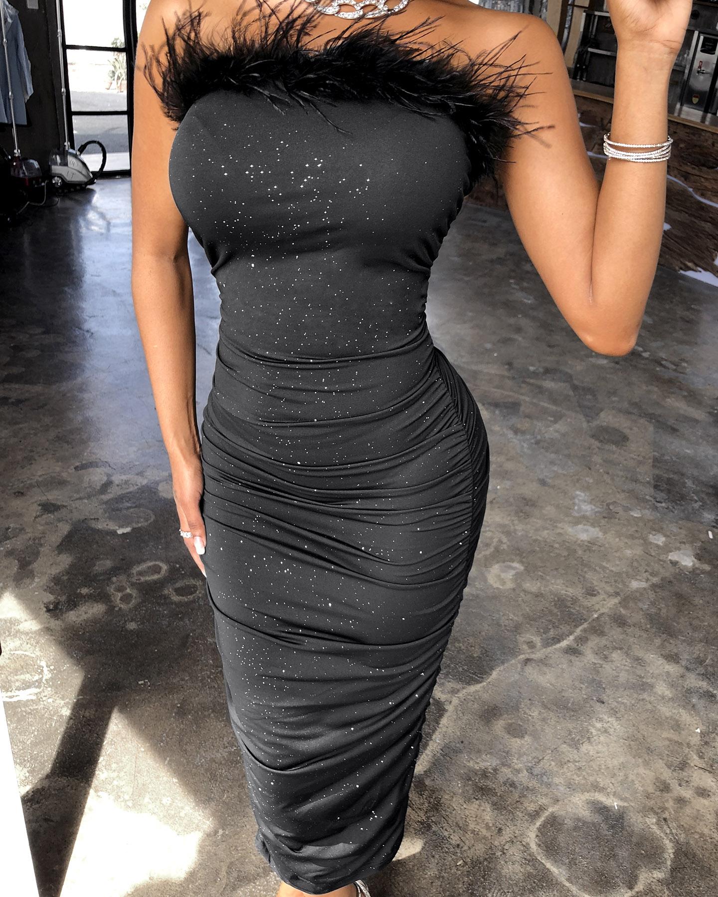 

Fluffy Glitter Ruched Party Dress, Black